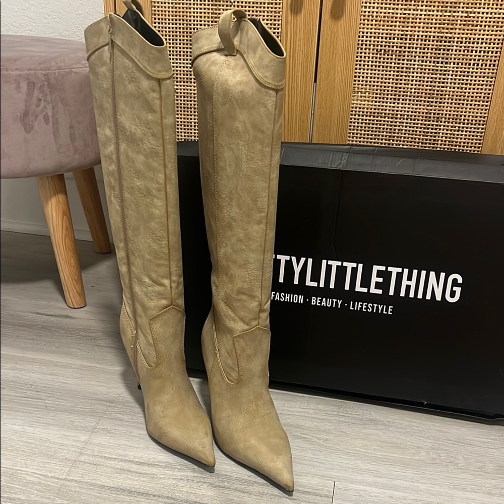 PrettyLittleThing Beige Over the Knee Boots